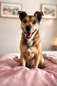 Happy dog on pink bedding